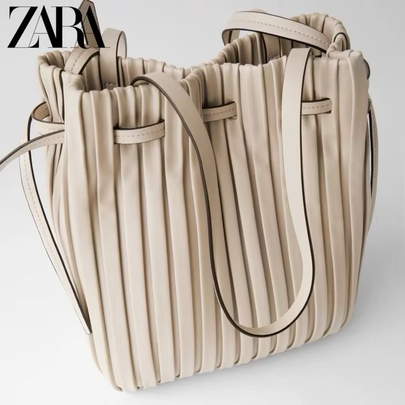 [現貨/9成新]ZARA 杏色 皺摺包 托特包 單肩包 斜背包 米色 | 蝦皮購物
