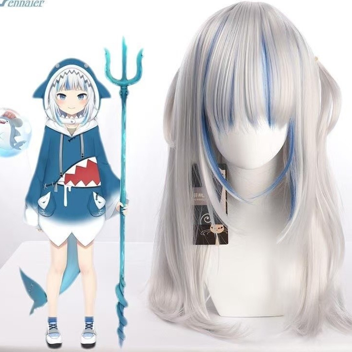hololive Gawr Gura噶嗚·古拉虛擬偶像鯊魚COS假髮銀白藍混發 | 蝦皮購物