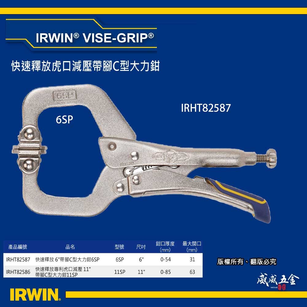 【威威五金】美國 IRWIN 握手牌｜快速釋放專利C型萬能鉗｜6