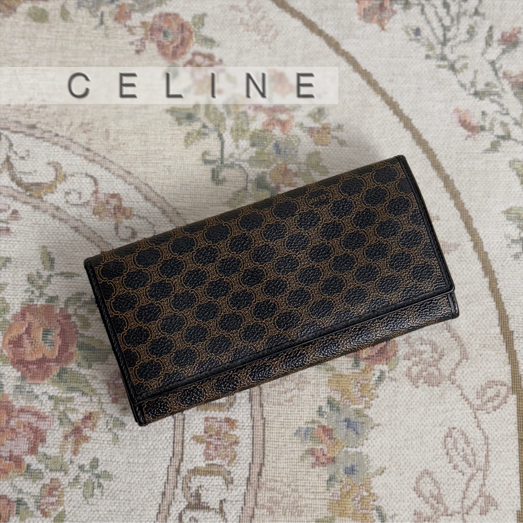 中古正品 CELINE Vintage セリーヌ ヴィンテージ 財布 經典古董老花凱旋門Logo口金開扣皮革長夾 | 蝦皮購物