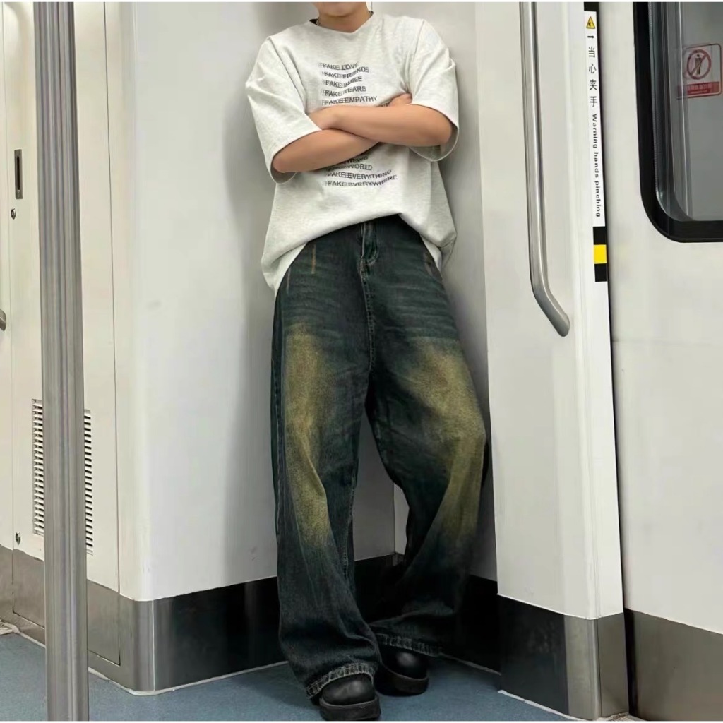 K-2】單寧黃泥刷色立體車線基本落地褲喇叭褲牛仔褲長褲潮流穿搭