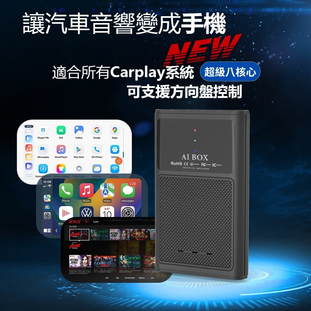 AI-BOX】介面CarPlay轉安卓系統八核心+128GB內存車載影音盒安卓