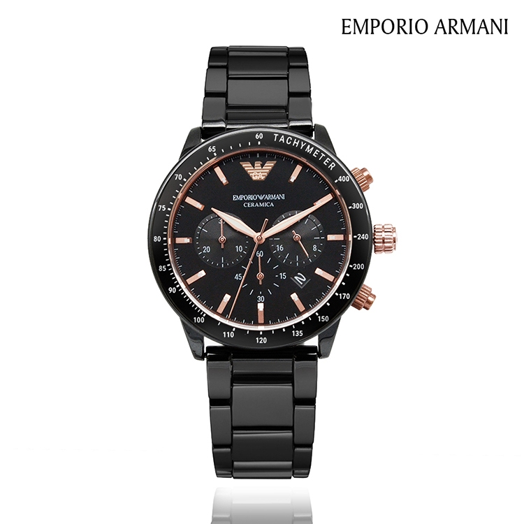Emporio Armani 亞曼尼 | 黑x玫瑰金 黑陶瓷錶帶 三眼男錶 - 黑AR70002 | 蝦皮購物