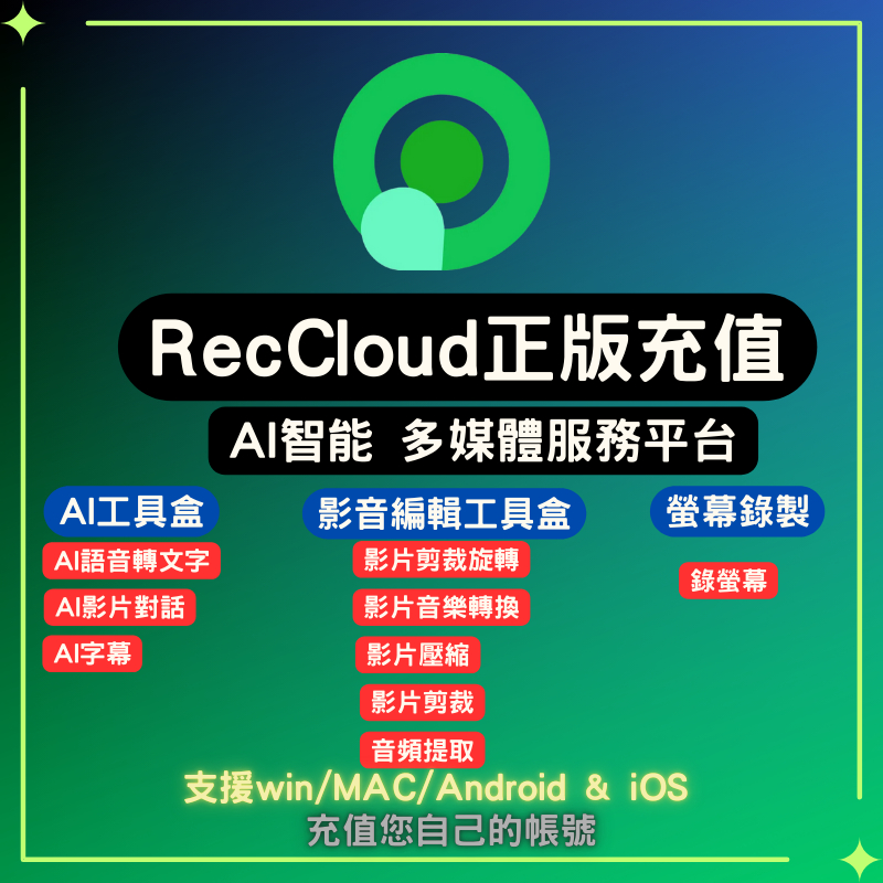 【2025正版充值】RecCloud AI充值 語音轉文字/影片生 …