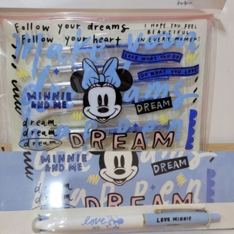 全新日本迪士尼商店米妮聯名Kelly Park 藍色躍動亮片刷化妝刷具足包包與筆記本筆組 | 蝦皮購物
