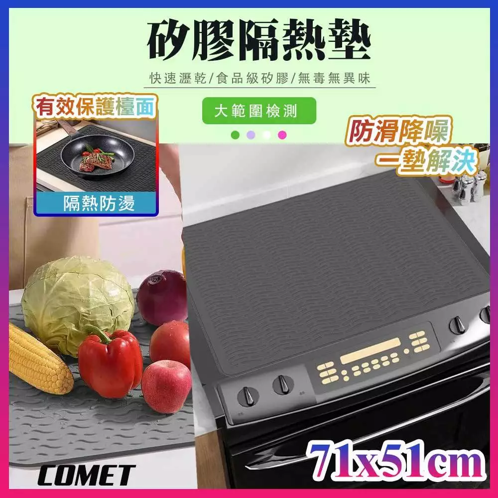 廚房空間大解放！COMET 71cm 加大加厚矽膠瀝水隔熱墊：告別潮濕檯面，全家碗盤一片搞定