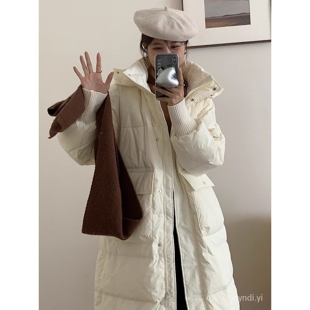 90白鴨絨外套 羽絨服女 中長版羽絨外套 冬季新款加厚寬鬆花苞帽螺紋袖過膝羽絨外套連帽 888 AOJY | 蝦皮購物