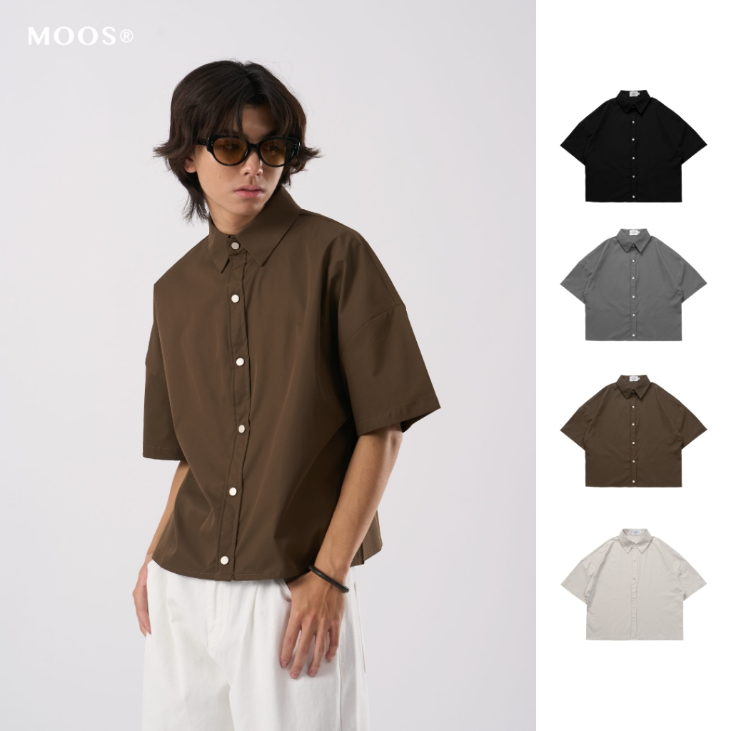 【KOREA MOOS】霧銀扣挺版質感寬短襯衫 滑面 寬短 短袖襯衫 素面襯衫 襯衫