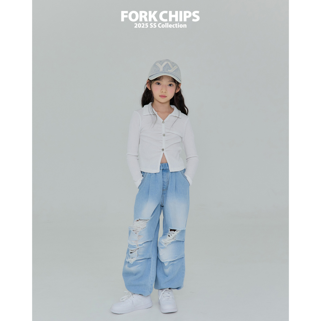 UDACHI 韓國童裝|#Forkchips 0313刷破寬版牛仔長褲 女童｜預購｜#25spring | 蝦皮購物