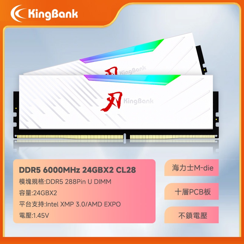 終身保固】KingBank全新DDR5 24GBx2 48GB 6000MHz RGB超頻電競記憶體