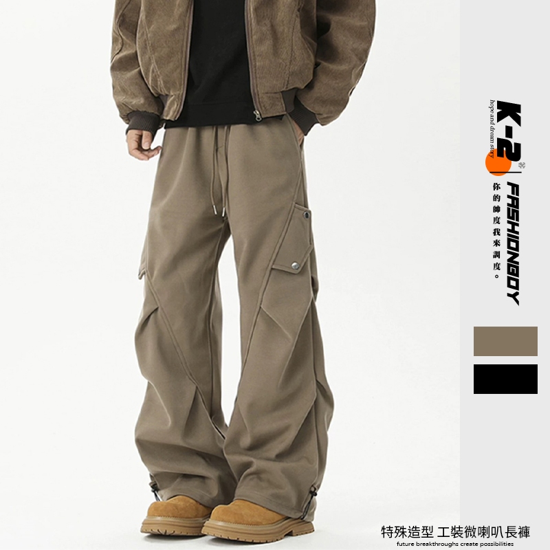 K-2】VIBE風美式美拉德特殊造型工裝褲傘兵皺褶闊腿褲長褲褲子