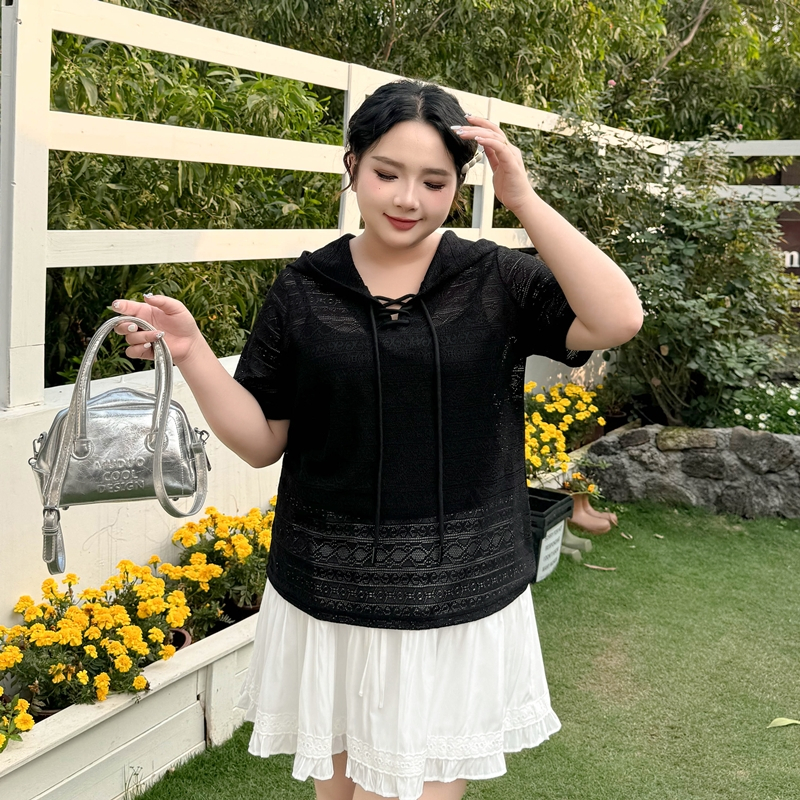Miss38 美觀不保暖 薄款鏤空針織衫【DX7468】(現貨)大尺碼 連帽抽繩短袖上衣 洞洞外搭針織衫 IG美翻單品 | 蝦皮購物