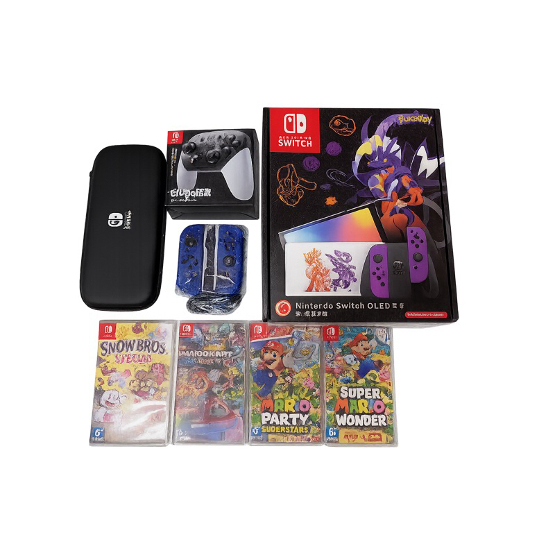 Switch OLED 寶可夢朱紫主機二手9成新+王國之淚Pro手把+御天之劍Joy一
