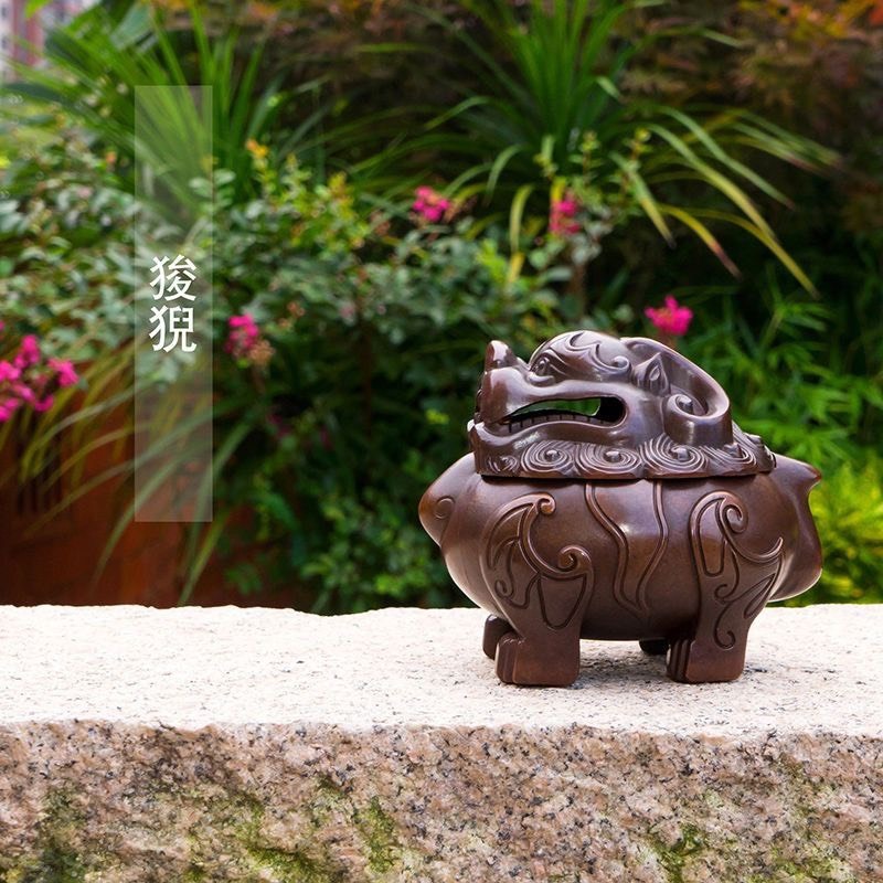 大清乾隆年製在銘 白銅細工 高彫香炉 開運財運置物 透かす彫り豼貅紋