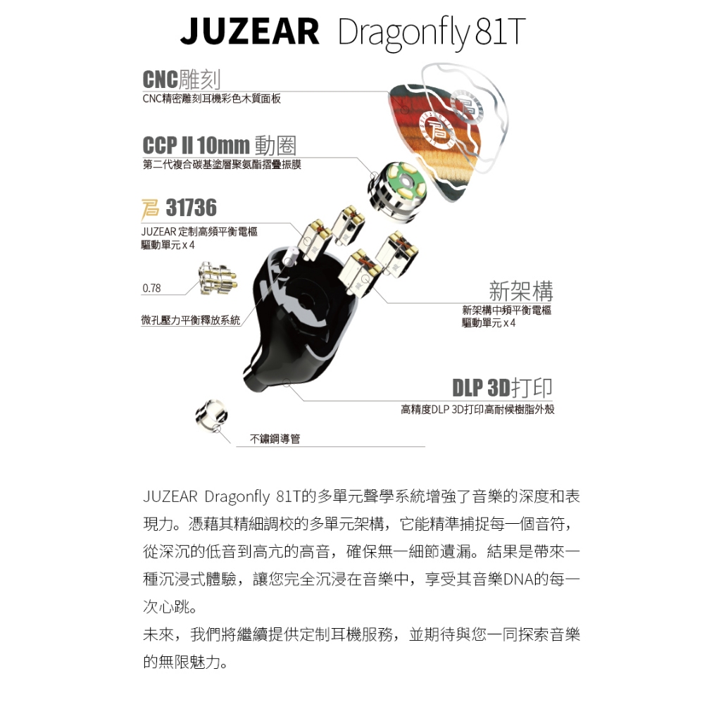 匠音君子JUZEAR Dragonfly 81T 1DD+8BA 9單圈鐵混合耳機入耳式可換線