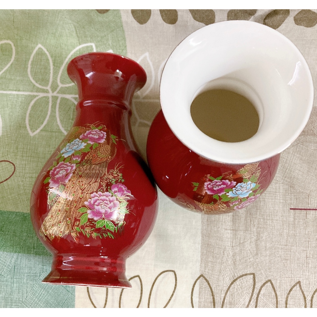 朱紅如意花瓶金孔雀花器10吋花瓶8吋花瓶(一對) | 蝦皮購物