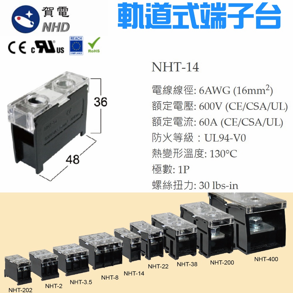 NHT-14 軌道式端子盤附上蓋 CE認證 獨立型端子台 1P 60A 600V NHD | 蝦皮購物