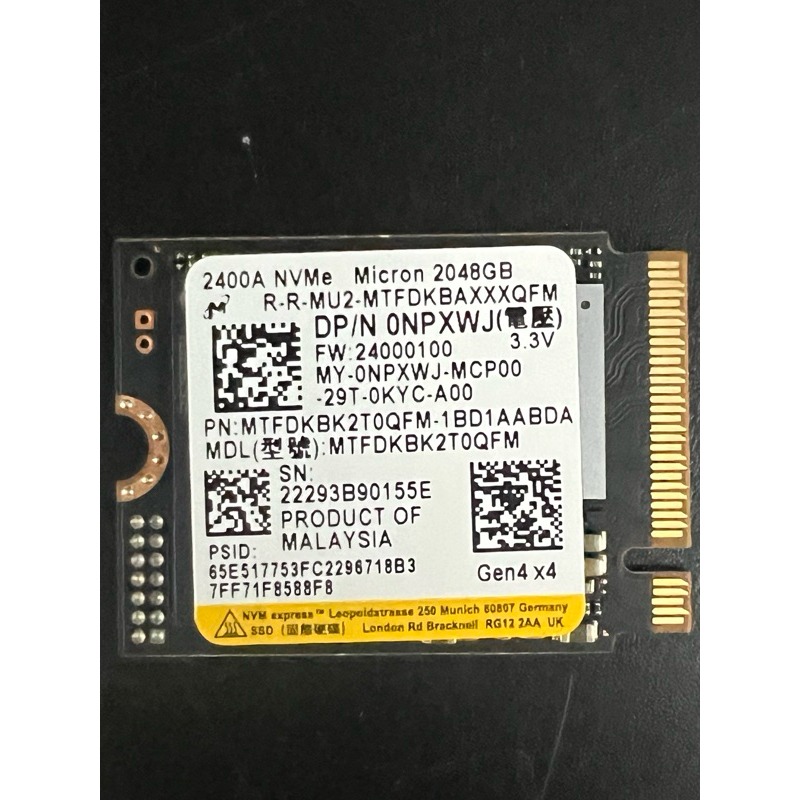 thumbnail interactive-video image 1 of 2TB Micron 2400 NVMe PCIe Gen 4.0 SSD – M.2 2242 + 2230 Adapter – MTFDKBK2T0QFM 1 of 2