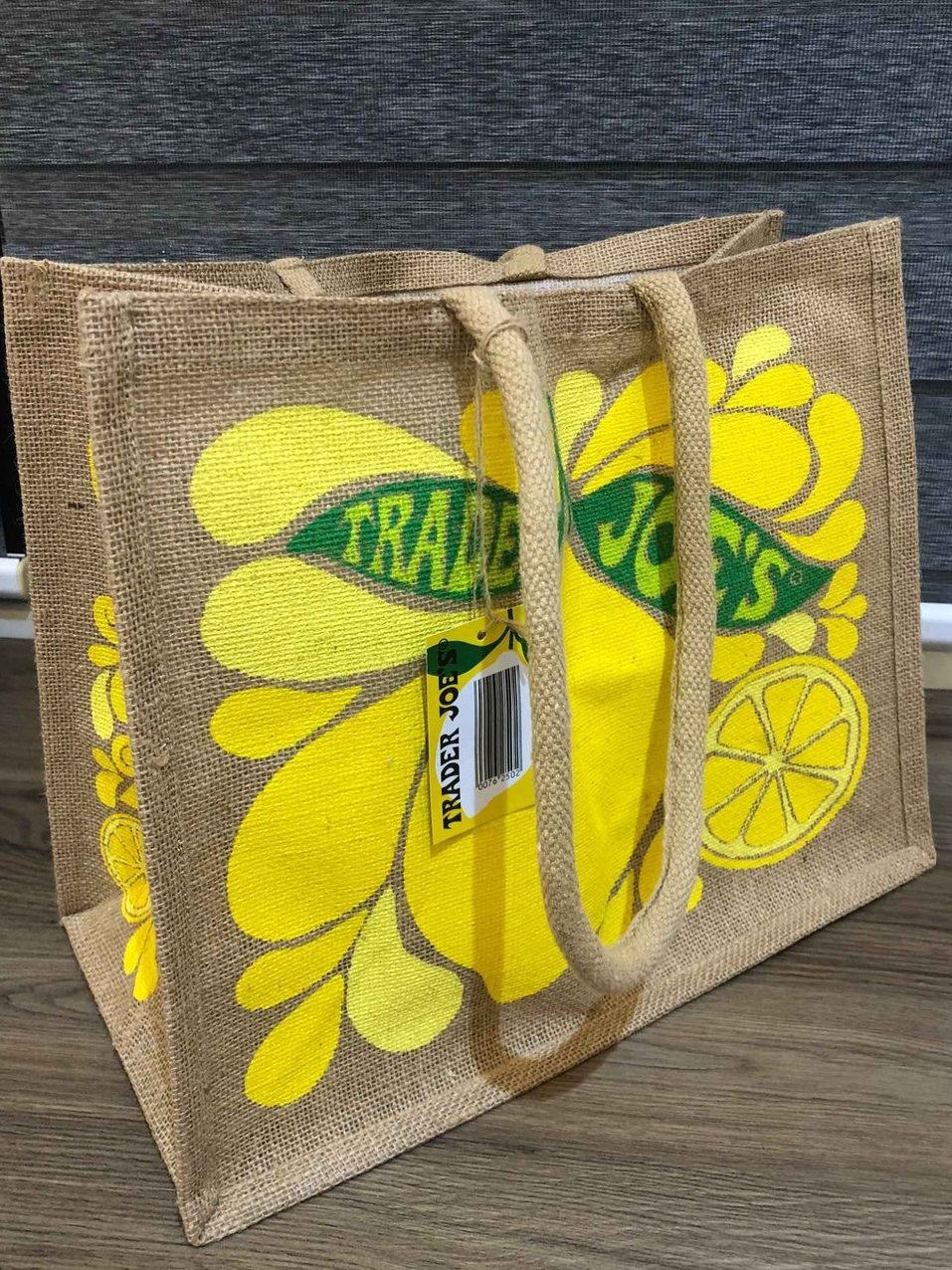 Trader Joe's Lemon Lime Jute Burlap Tote Bag – NEW With Tags, Reusable Eco-Friendly Grocery Shopper, 9 Gallon Capacity