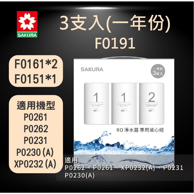 櫻花 F0191 RO淨水器專用濾心3支入(一年份) P0230 P0231 P0261 P0262 XP0232可用 | 蝦皮購物