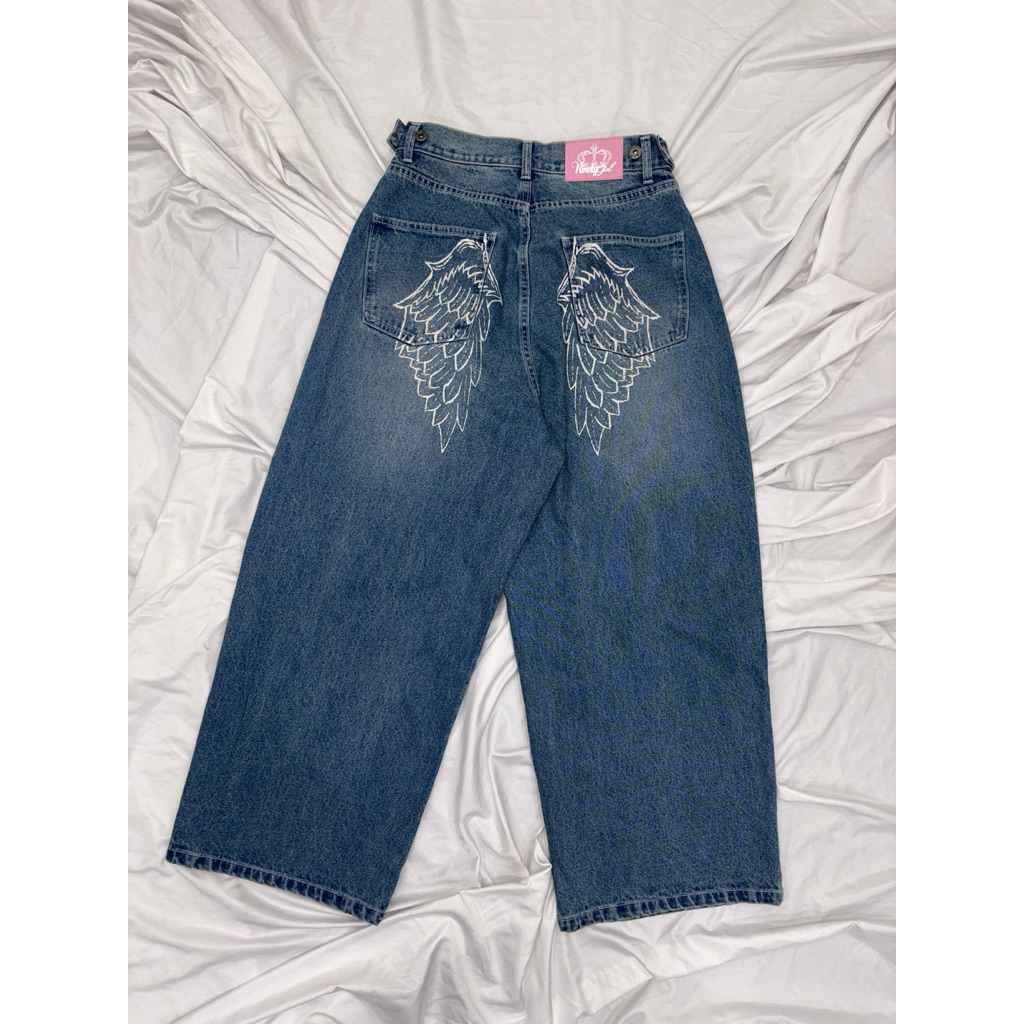 9090 girl Feather logo Studs Buggy Denim Pants | 蝦皮購物
