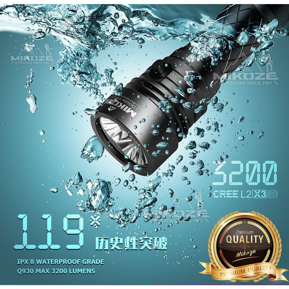 MIKOZE Q930深潛強光手電筒3200流明IPX8防水等級可深潛120米防水 | 蝦皮購物