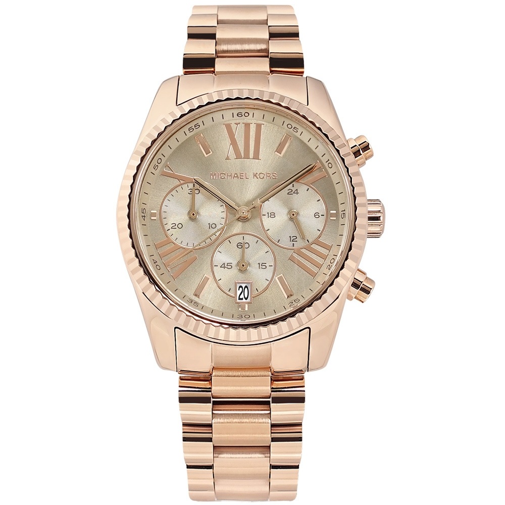 MICHAEL KORS / 三眼計時 羅馬刻度 日期 防水 不鏽鋼手錶 鈦色x鍍玫瑰金 / MK7217 / 38mm | 蝦皮購物