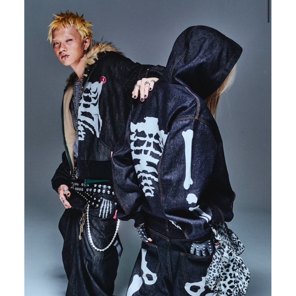 9090 Bone Rigid Denim Zip Hoodie骨頭骷髏外套連帽外套潮流日本代購
