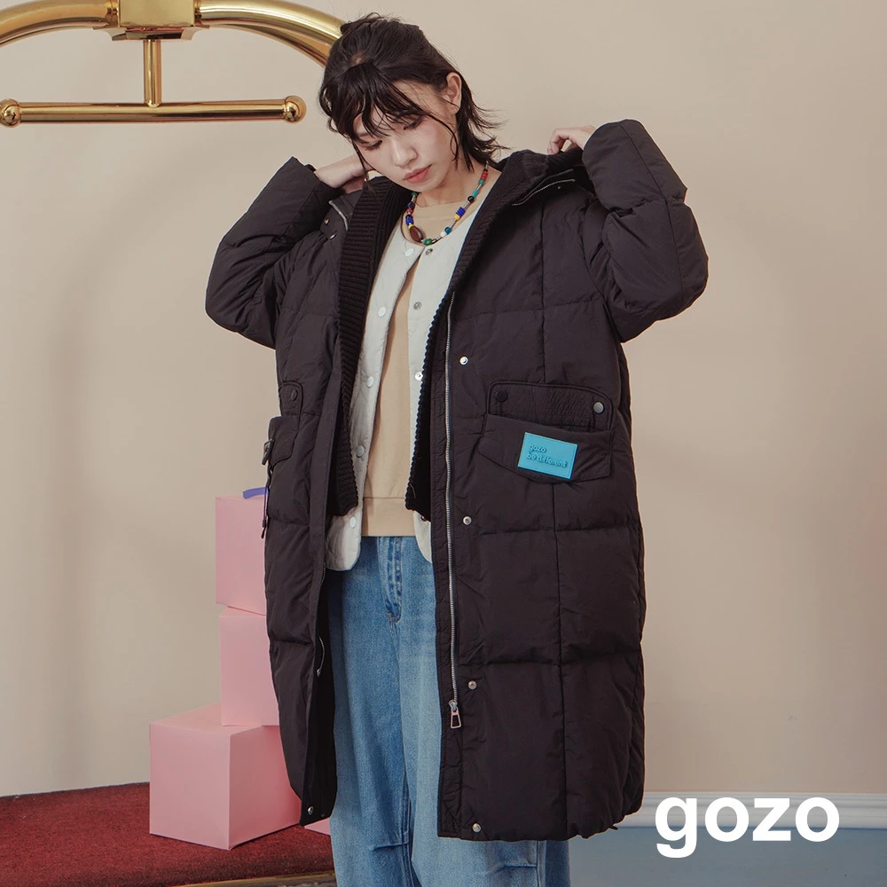 gozo 防潑水針織連帽長版羽絨外套 1