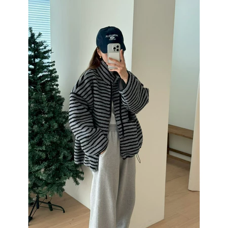 🇰🇷Nov03/ 條紋毛毛立領抽繩外套
