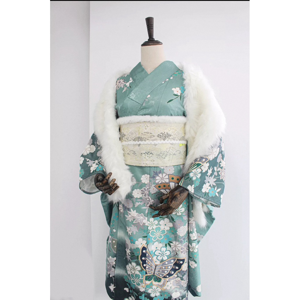 ???15【綠色蝴蝶】日式暗紋印花改良振袖和服｜復古和風Cos寫真 