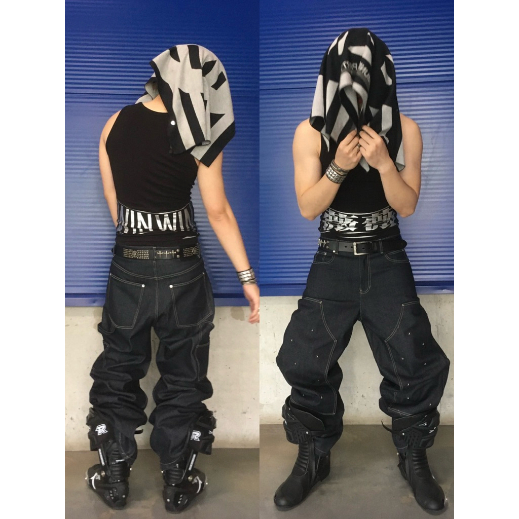 BE A DEVIL 25SS 原漿十字铆釘伐木原牛opium暗黑街頭潮流baggy原漿丹寧