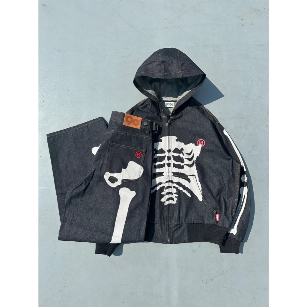 日貨代購CITY】2025AW 9090 Bone Rigid Denim Zip Hoodie 骷髏骨頭牛仔