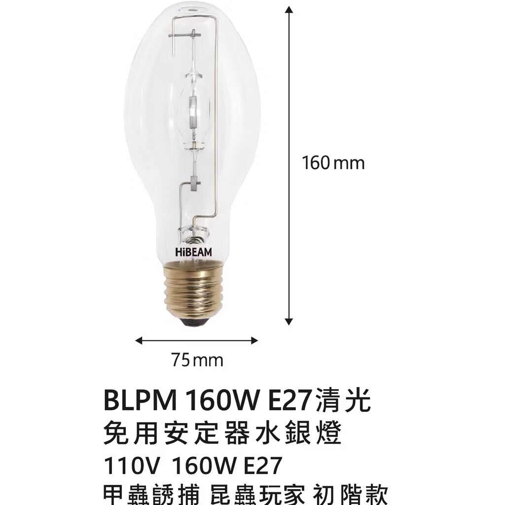 免用安定器水銀燈160W E27｜清光型｜野外採集／甲蟲誘捕專用｜昆蟲玩家
