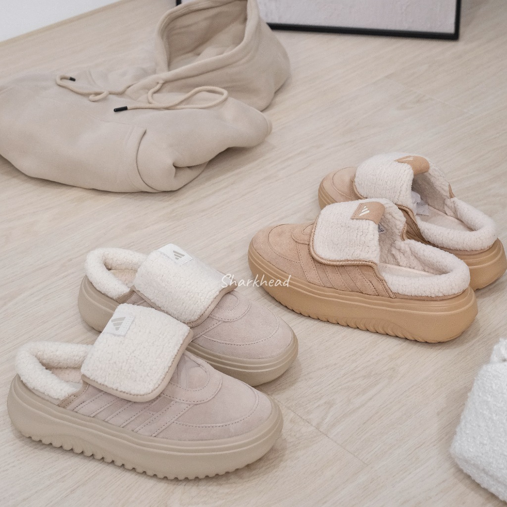 【Sharkhead】現貨 Adidas 毛毛拖鞋 翻舌 奶茶 奶咖 厚底 麵包鞋 JS4997 JS4998 穆勒 | 蝦皮購物