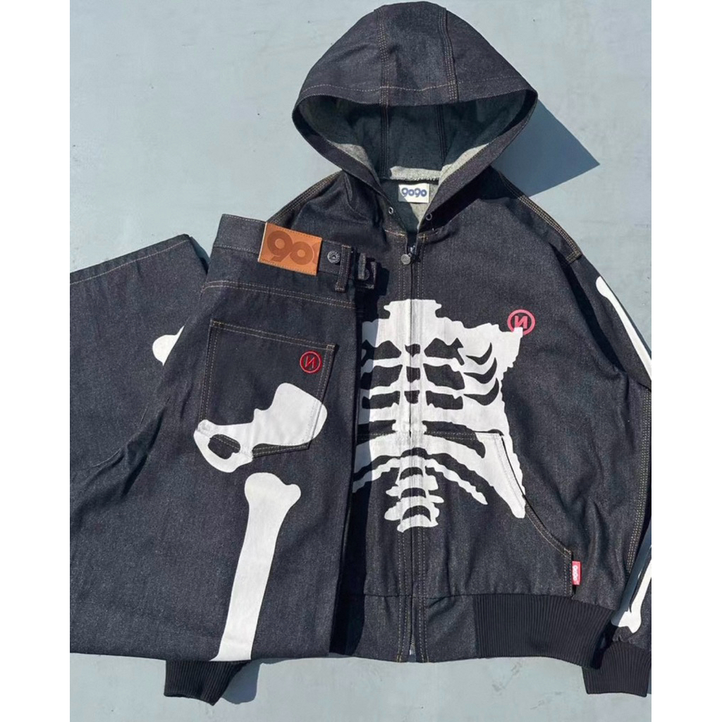9090 Bone Rigid Denim Zip Hoodie骨頭骷髏外套連帽外套潮流日本代購