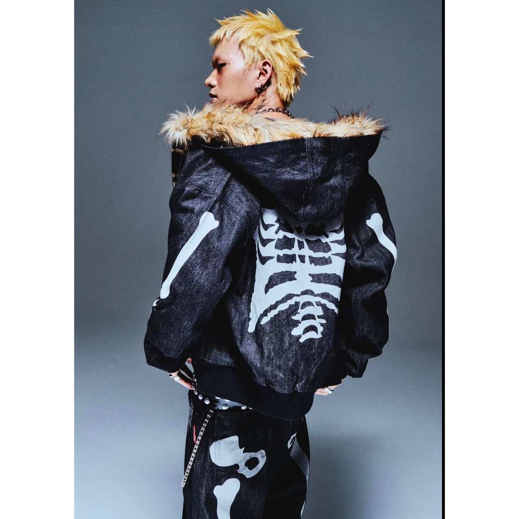 9090 Bone Rigid Denim Zip Hoodie 骨頭印花寬短版型復古連帽牛仔外套