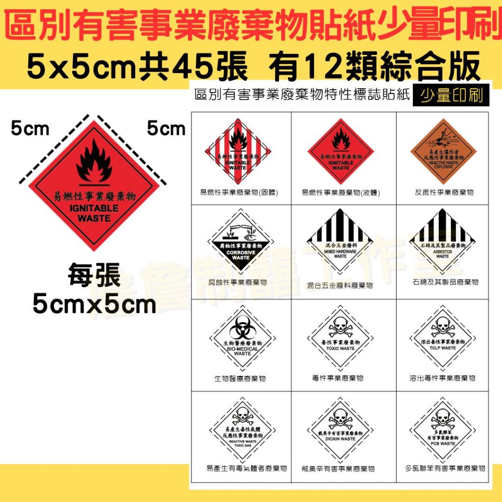 區別有害事業廢棄物特性標誌_全12類標示貼紙_5x5cm_研究室.化學室.實驗室.工廠.醫療機構.事業廢棄物標示 | 蝦皮購物