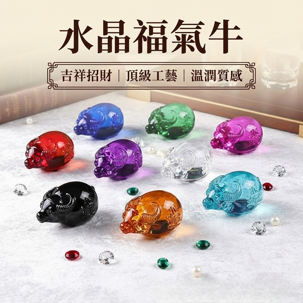 琉璃水晶牛擺飾品招財吉祥風水擺件十二生肖招財牛家居辦公裝飾招財小物