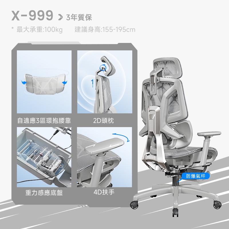 Xpanse X999 人體工學電競椅｜彈簧腰靠三翼護脊｜多工能電腦辦公椅｜高