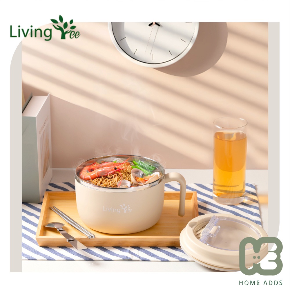 LivingTree簡約時尚304不鏽鋼隔熱餐碗附折疊餐具組/燕麥白1.4L燕麥白 | 蝦皮購物