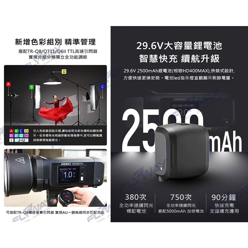 JINBEI 金貝HD-600MAX 外拍閃光燈600Ws 高速同步雙色溫造型燈輕便相機