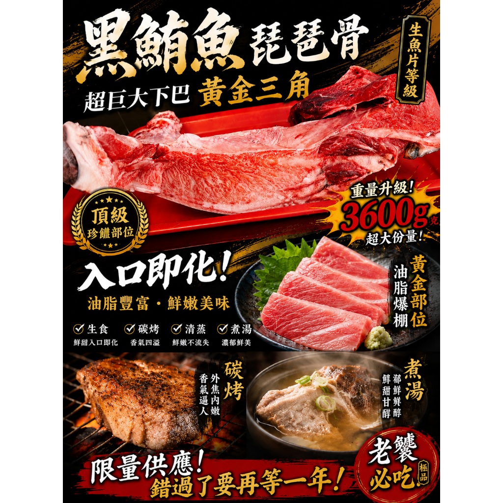 【魚文樂商城】黑鮪魚琵琶骨超巨大下巴／黃金三角部位／1隻 約3600±5% | 蝦皮購物