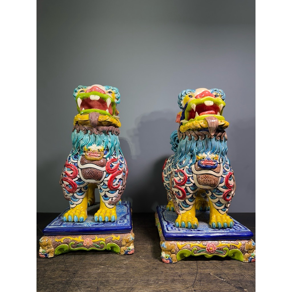 66藝品】台灣之寶智盧交趾陶【麒麟】【一對】陶藝林智信寶石釉華麗多彩