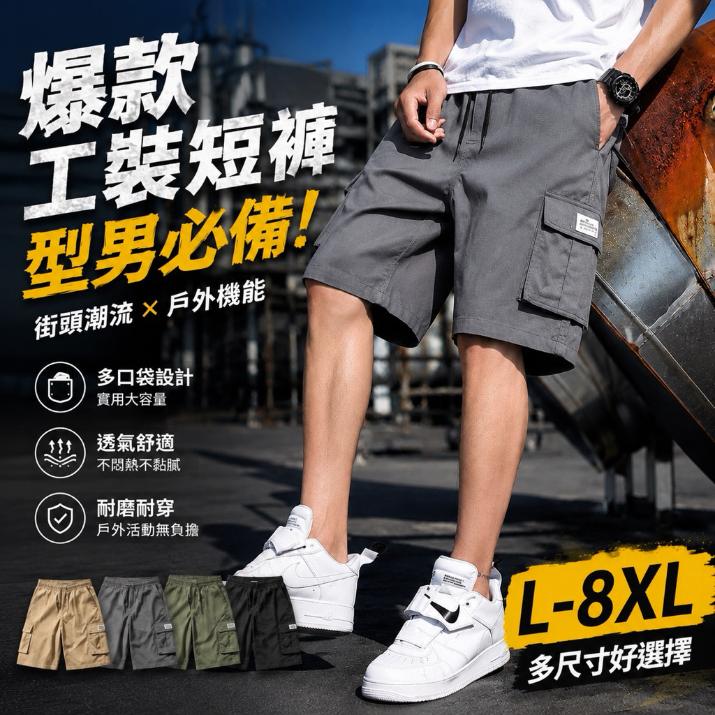 阿堯的店 加大碼L-7XL 男生短褲 工裝短褲 工作短褲 休閒短褲 五分褲 大碼五分褲 男短褲 多口袋短褲 【9022】