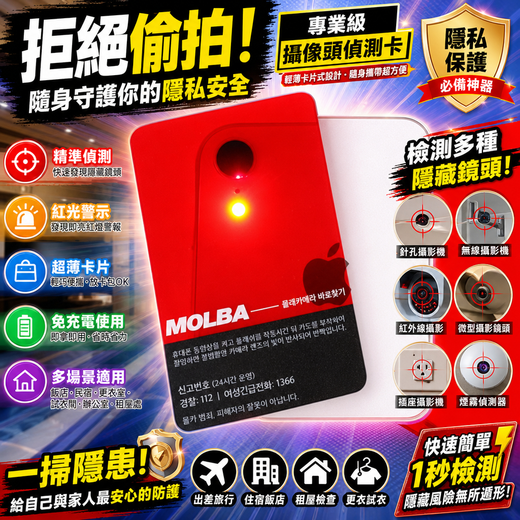 隔日達 拒絕偷拍 攝像頭偵測卡 隱藏鏡頭快速檢測 針孔無線攝影機偵測 紅光警示防偷拍神器 飯店租屋更衣室旅行必備
