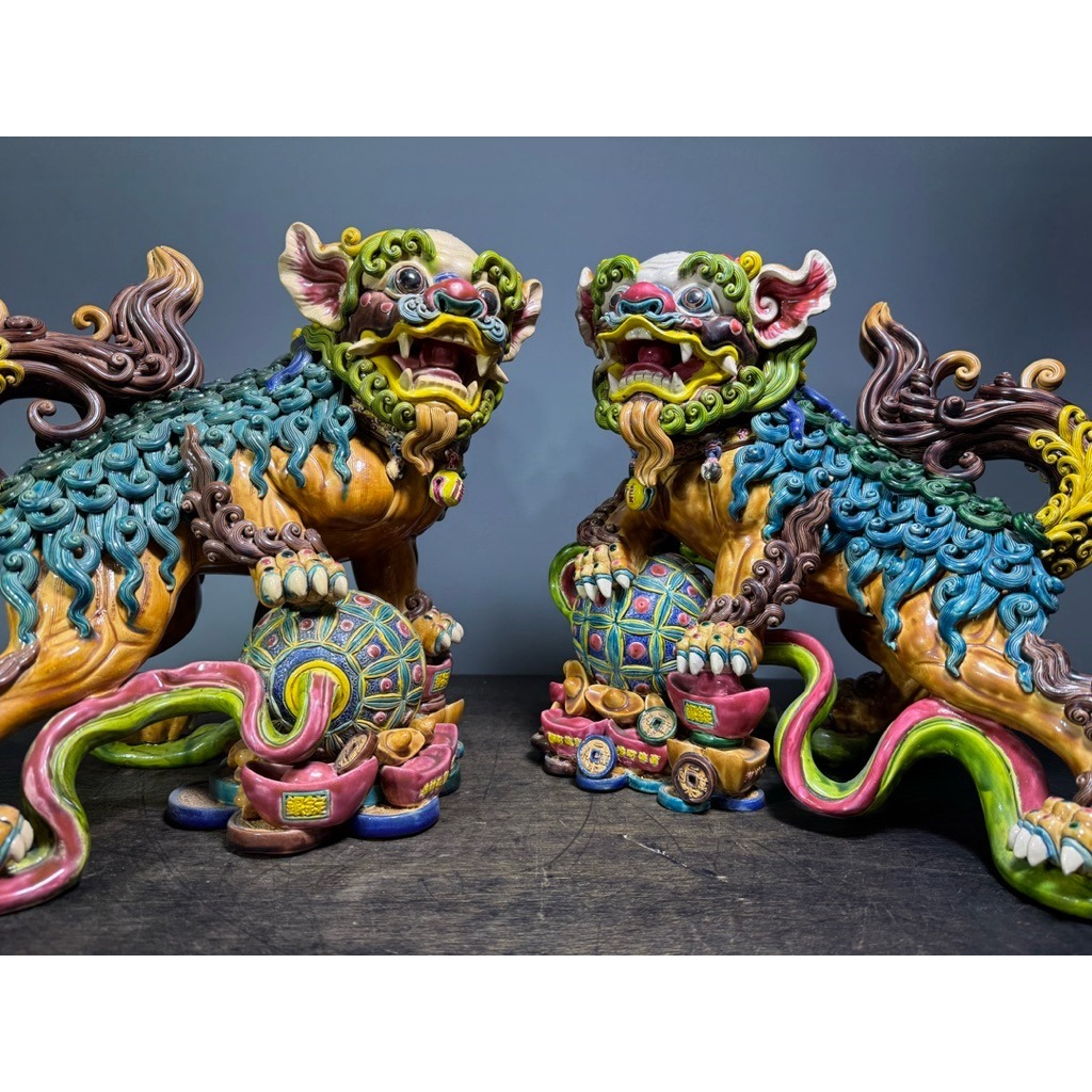 66藝品】台灣之寶智盧交趾陶【福獅戲球】【一對】陶藝林智信寶石釉華麗