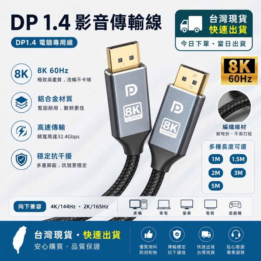 🌟現貨今日出🌟 DP1.4 8K 60Hz Displayport DP1.2 影音 DP訊號線 DP切換器 5米 3米 | 蝦皮購物