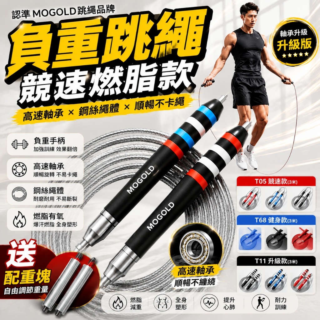 ⚡現貨隔日達⚡MOGOLD跳繩 負重跳繩 競速跳繩 無繩跳繩 鋼絲耐磨 健身跳繩 高速軸承跳繩 鋼絲跳繩 有氧燃脂訓練 | 蝦皮購物