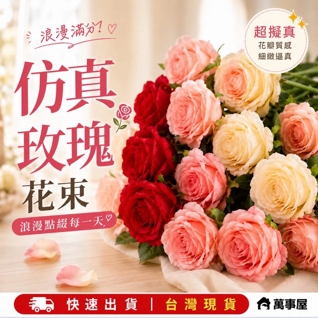 人造玫瑰花仿真花單支花材，粉色、正紅色、米白色三種顏色